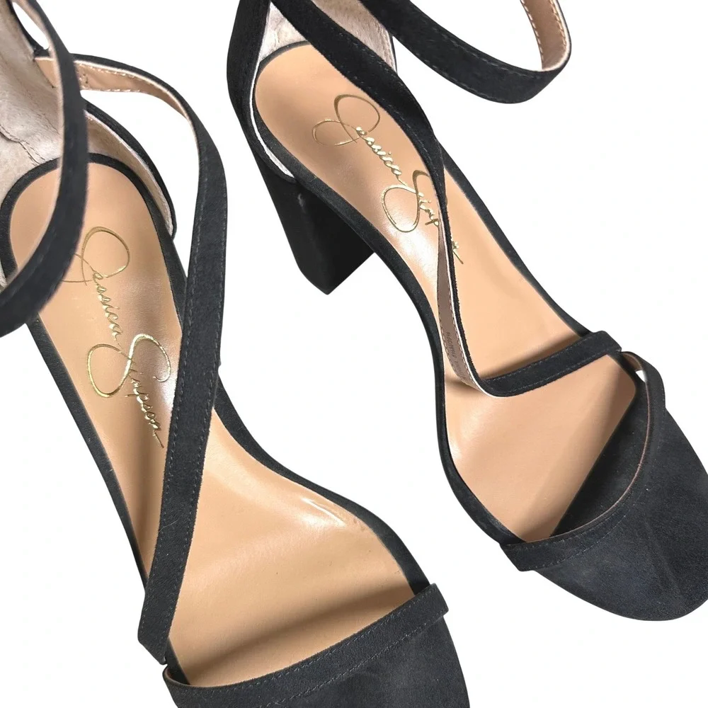 Jessica Simpson Sloyan Black Strappy Block Heel Sandals Back Zip Womens 8.5 M